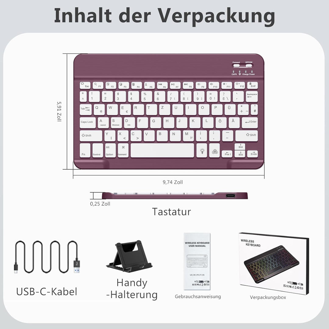 Vobafe Bluetooth Tastatur mit Telefonhalter für iPad Air/Pro/Mini/A16/11/10.9/10.2/iPhone, Kabellose
