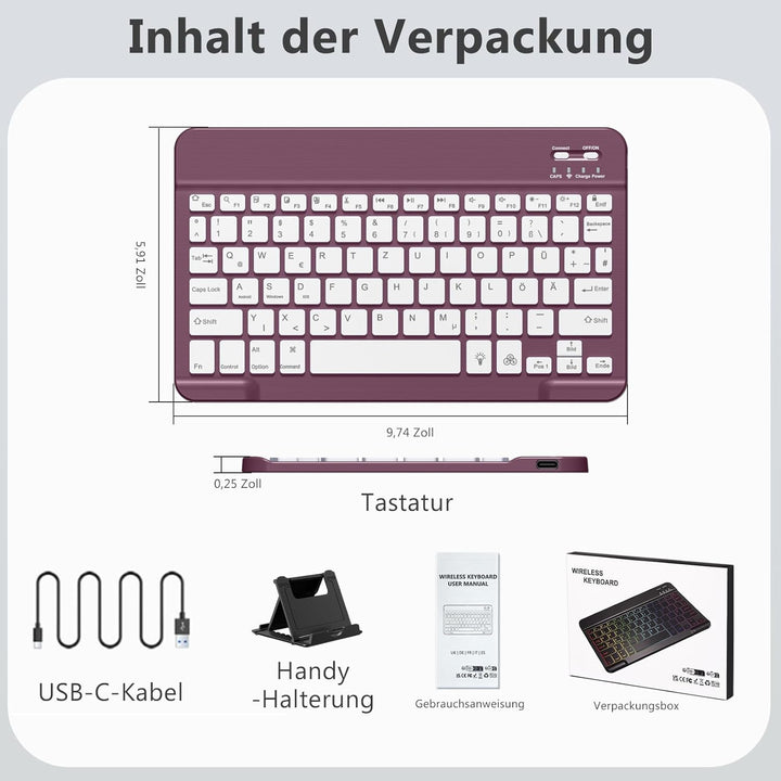 Vobafe Bluetooth Tastatur mit Telefonhalter für iPad Air/Pro/Mini/A16/11/10.9/10.2/iPhone, Kabellose
