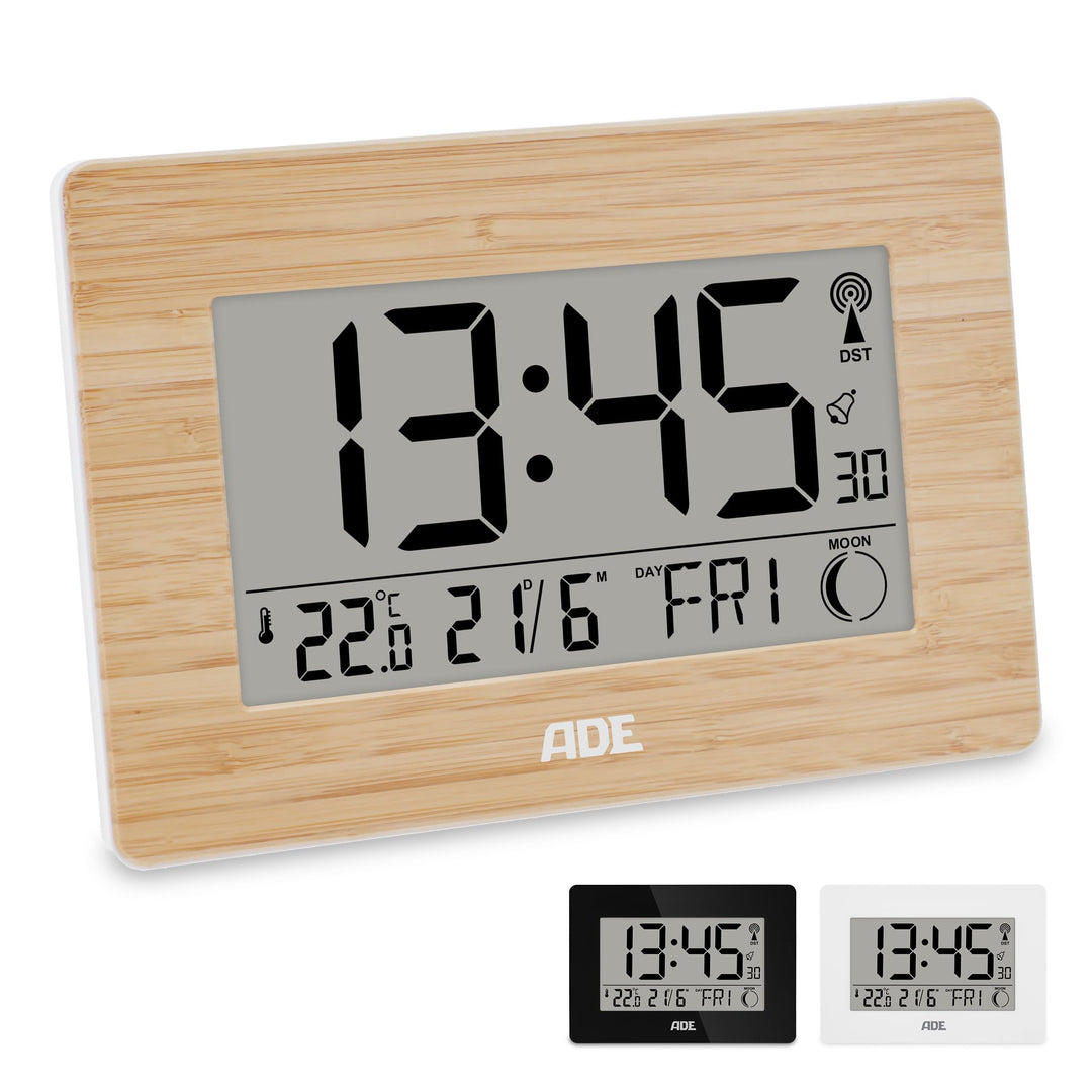 ADE Grosse Funkuhr digital mit XXL-Ziffern | Tischuhr mit Kalender und Wochentag | Digitale Uhr mit