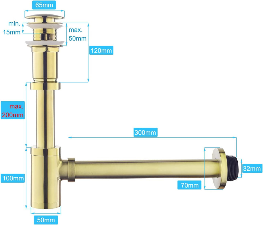SET - Design Siphon mit Ablaufgarnitur mit Überlauf für Waschbecken Gebürstete Gold – Keymark Univer