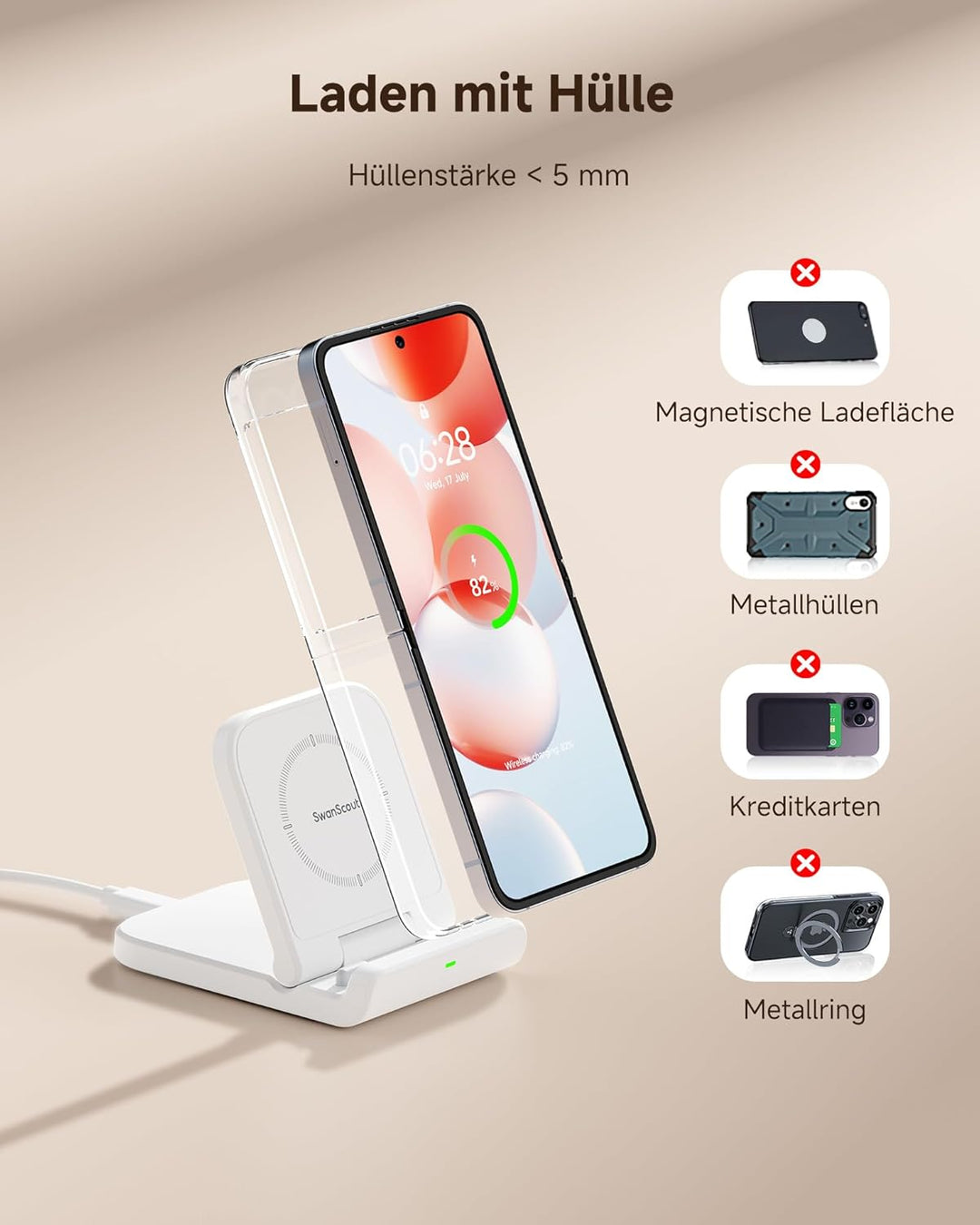 SwanScout Faltbare Induktive Ladestation für Samsung Galaxy Z Flip 7/7 FE 6/5/4/3 & Moto Razr 60/50/