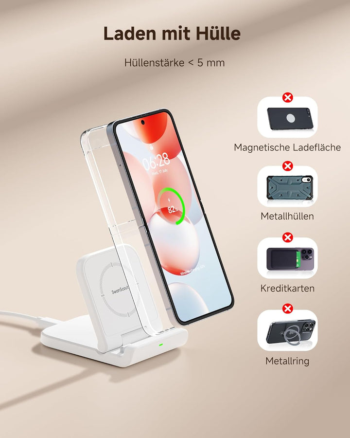 SwanScout Faltbare Induktive Ladestation für Samsung Galaxy Z Flip 7/7 FE 6/5/4/3 & Moto Razr 60/50/