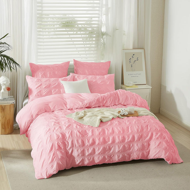Seersucker Bettwäsche 135x200 Rosa Kariert Bettbezug Set Weich Atmungsaktiv Mikrofaser Bettwäsche Mo