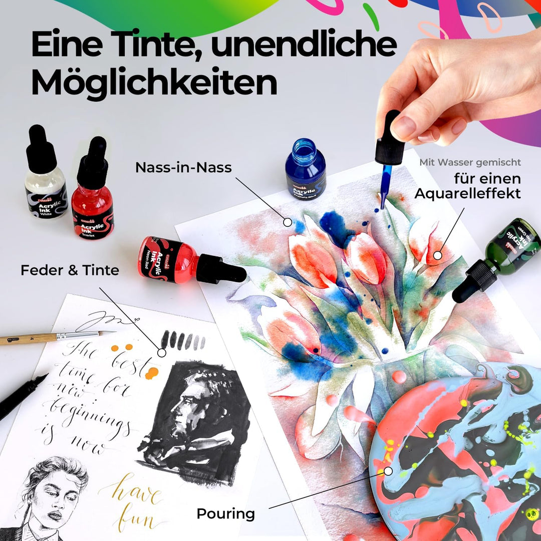 8x20ml Acrylic Ink Set, Permanent, Wasserfeste, Acryltinte inklusive 6 Primärfarben & 2 Neon Farben,