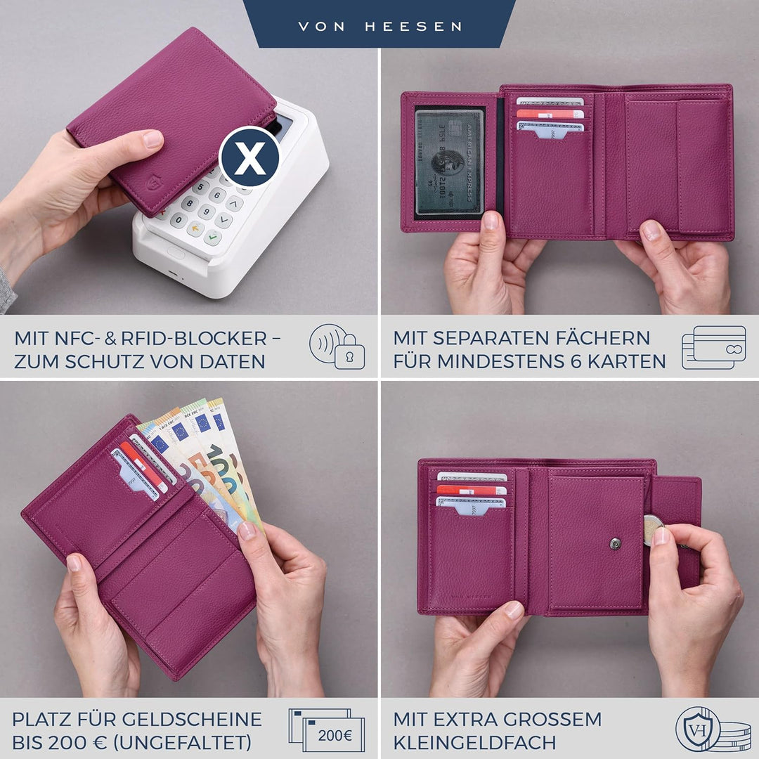 VON HEESEN Leder Geldbörse RFID Schutz I Echtleder Geldbeutel für Damen &amp; Herren I Portemonnaie Brie