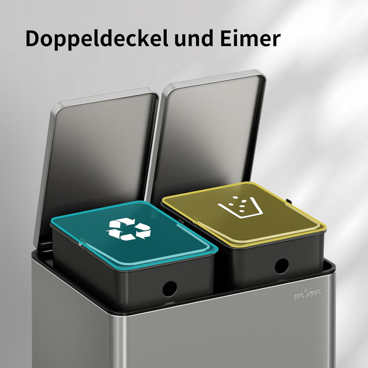 mVm Mülleimer Küche,40 Liter Treteimer,2 x 20 Liter Treteimer, 2 Fächer, Mülltrennsystem, Abfalleime