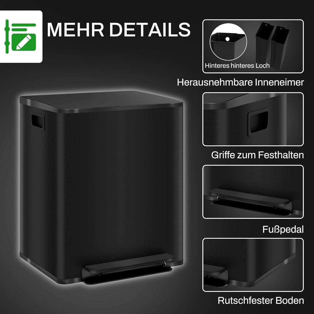 HOMCOM Mülleimer Küche 2x25L Treteimer mit Softclose-Deckel Pedal Fingerabdruckfreie Edelstahl Müllt