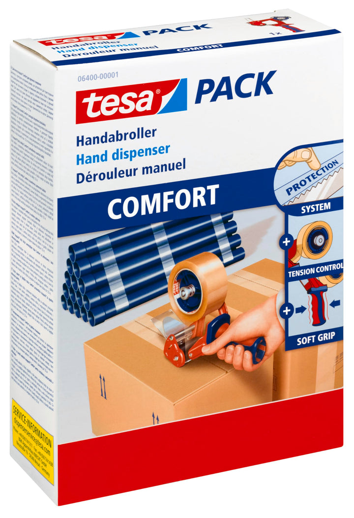 tesa 6400 Packband Handabroller COMFORT - Hochwertiger, robuster Abroller für Paketbänder - Profi-Qu
