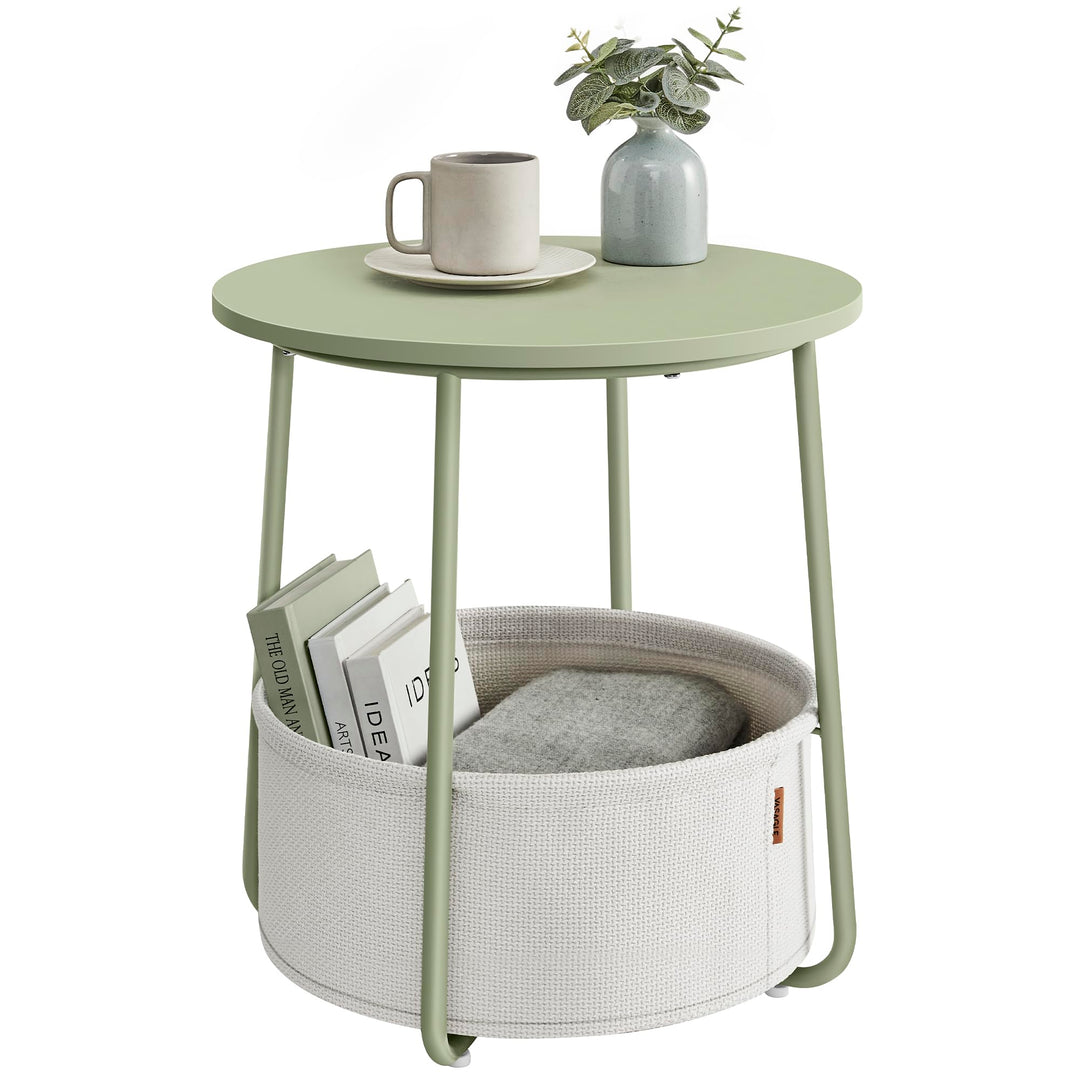 VASAGLE Beistelltisch rund, Kleiner Tisch, Couchtisch klein, Wohnzimmertisch mit Korb aus Stoff, Sta