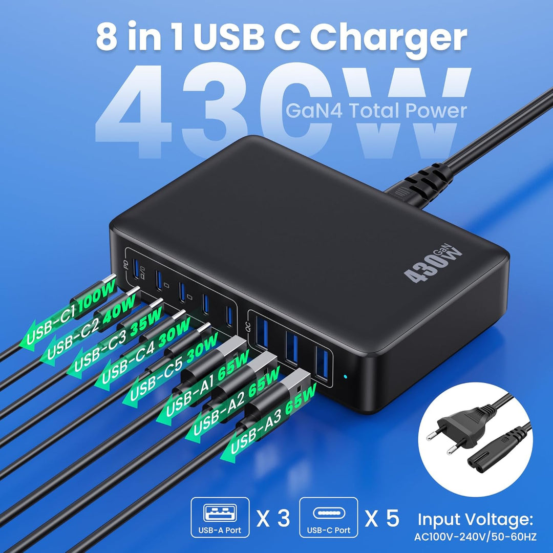 Feob 430W USB C Ladegerät Mehrfach, 8 Ports GAN IV Schnellladegerät PD 100W Ladestation Charger Stat