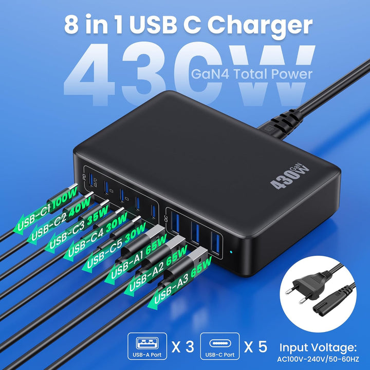Feob 430W USB C Ladegerät Mehrfach, 8 Ports GAN IV Schnellladegerät PD 100W Ladestation Charger Stat