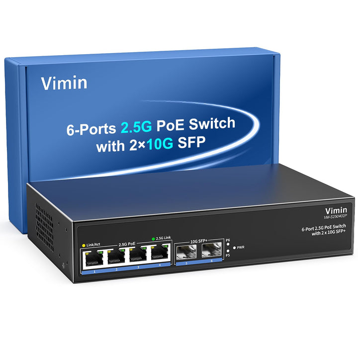 6-Port 2,5G PoE-Switch Unmanaged, 4X 2,5G Base-T PoE-Port+2X 10Gbps SFP+, 4-Port PoE Switch mit 60Gb
