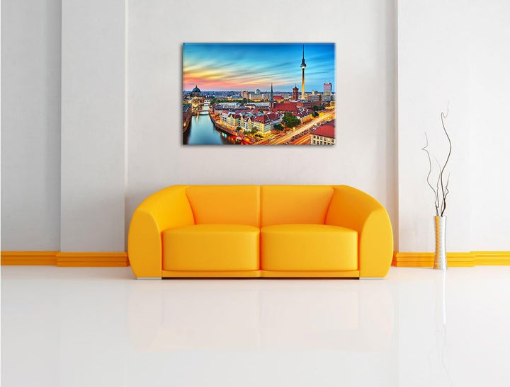 Berlin City Panorama, Format: 100x70 auf Leinwand, XXL riesige Bilder fertig gerahmt mit Keilrahmen,