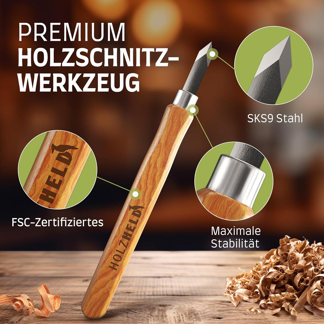 HOLZHELD Holzschnitzwerkzeug Set (14-teilig) mit Anleitung für 1 Schnitzprojekt - 12 Schnitzmesser a