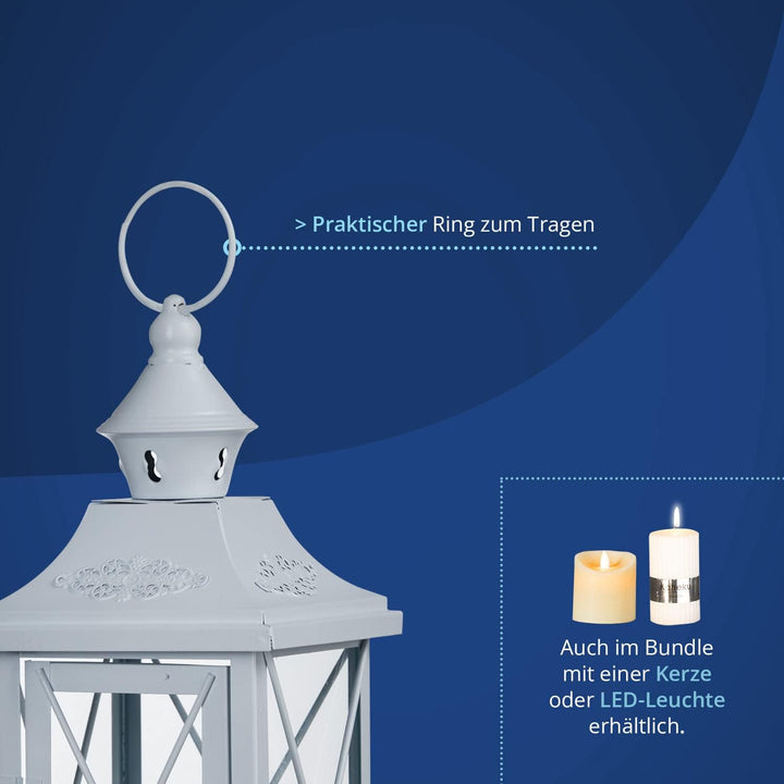 KHG Laterne 30 cm aus Metall/Glas in weiss, matt, Kerzenständer, Kerzenhalter, Outdoor und Indoor, D