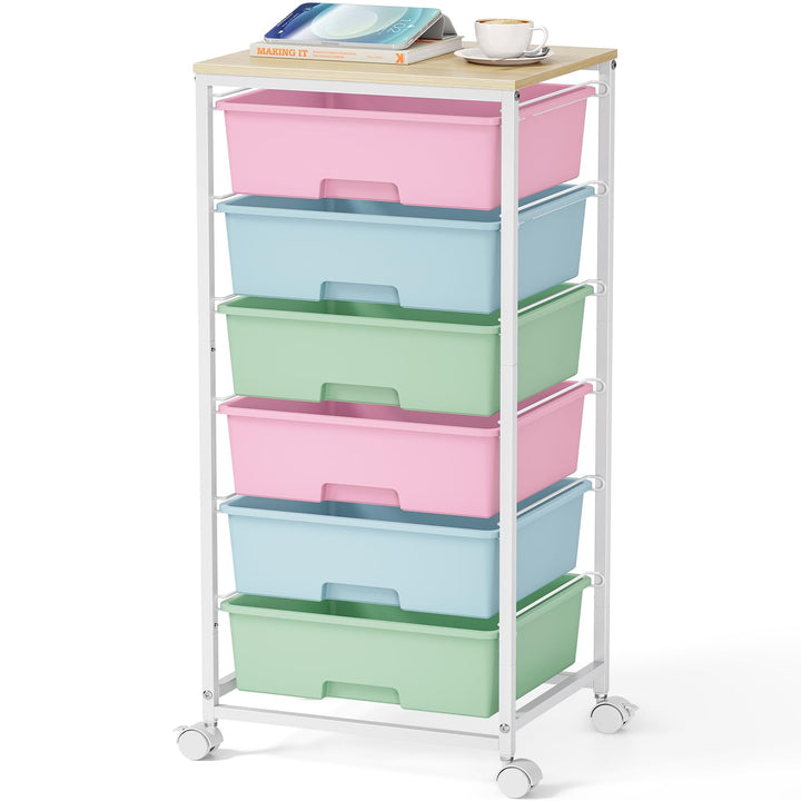 6-Schubladen-Rollwagen mit Holzplatte - Starker Rollcontainer Mehrfarbig Multicolor, Multicolor