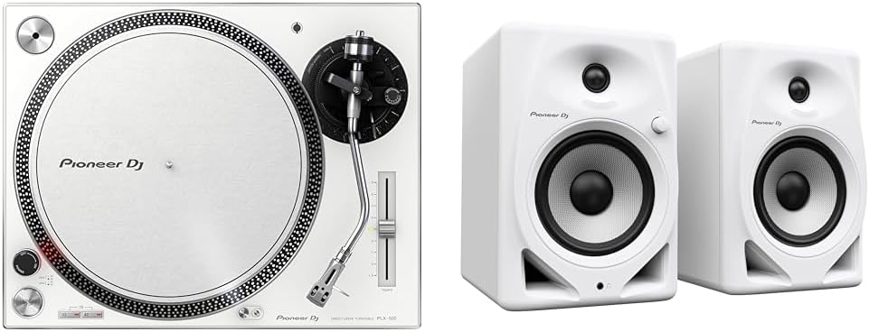 Pioneer DJ PLX-500-W DJ-Plattenspieler mit Direktantrieb, Weiss & DM-50D 5" Desktopmonitorsystem (we