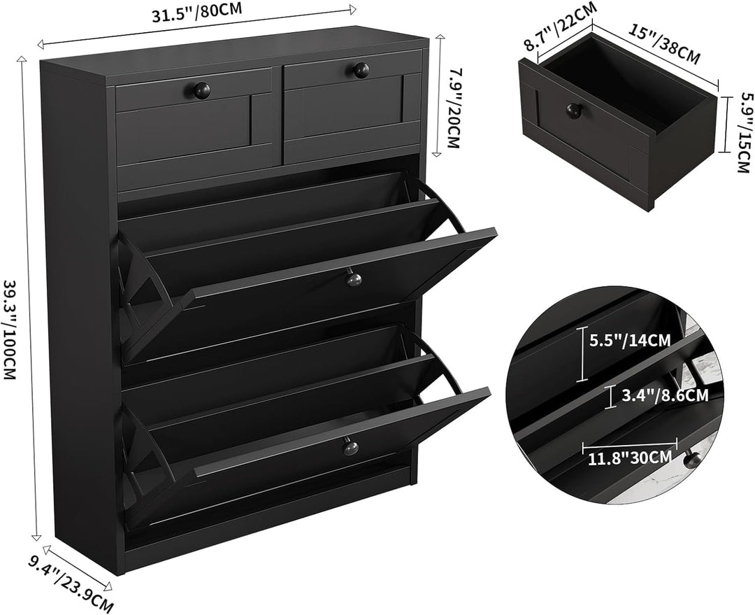 VOWNER Schuhschrank mit 2 Klappen, Schuhregal Schuhkipper Schmal, Schuhschrank Schwarz, Schuhablage