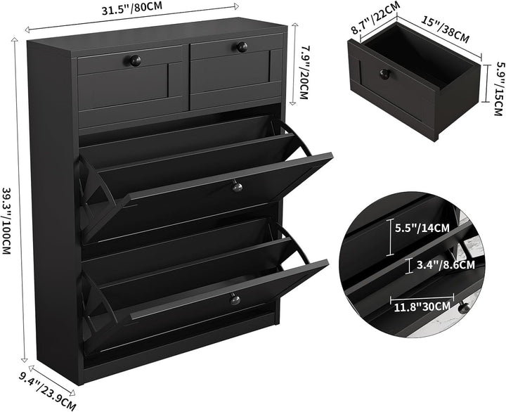 VOWNER Schuhschrank mit 2 Klappen, Schuhregal Schuhkipper Schmal, Schuhschrank Schwarz, Schuhablage