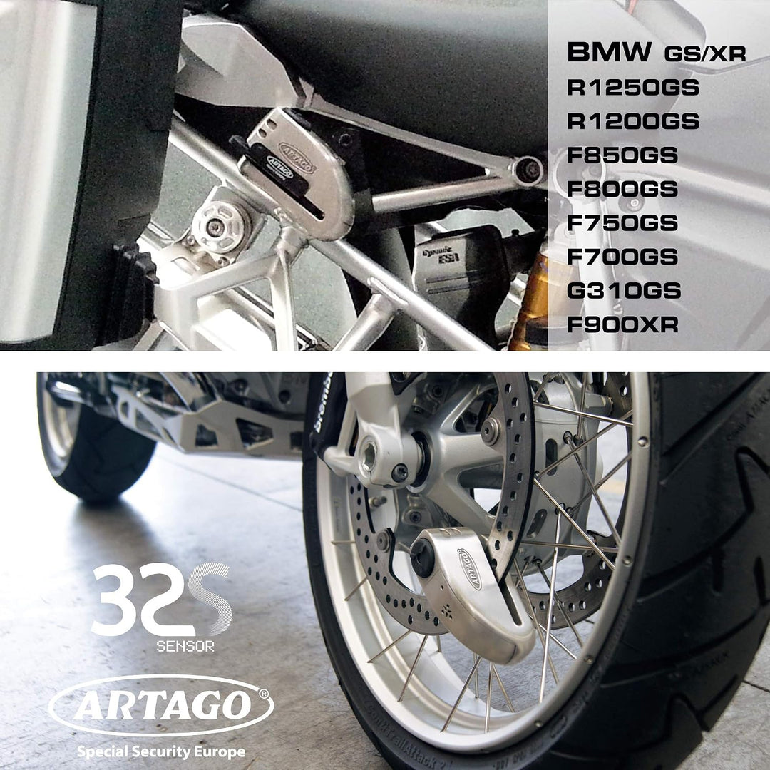 ARTAGO 32S1 Pack Bremsscheibenschloss mit Alarm 120db Hohe Sicherheit + Halterung für BMW (R1250GS,