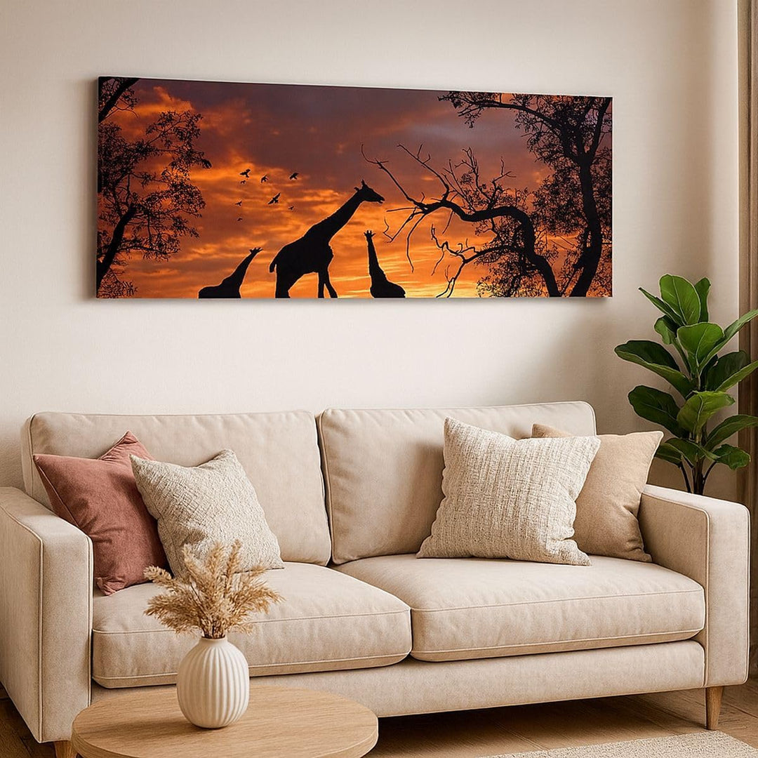 Wandbilder Dekoration Wohnzimmer Giraffe Afrika Sonne Safari Panorama Bilder auf Leinwand 120x50cm L