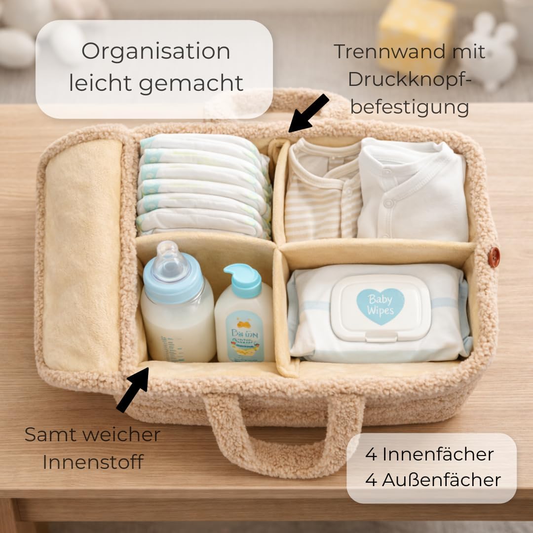 TALIDA Wickelkorb Teddy Set - Wickelorganizer mit Zubehörtasche – Aufbewahrungskorb für Feuchttücher