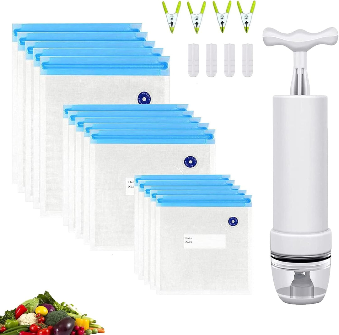 Sous Vide Beutel 15 Stück Wiederverwendbare Vakuum Lebensmittellagerbeutel mit 1 Handpumpe, 4 Versch