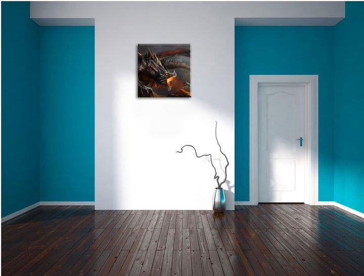 Pixxprint Kampf zwischen Mensch und Drache als Leinwandbild Quadratisch/Grösse: 70x70 / Wandbild/Kun