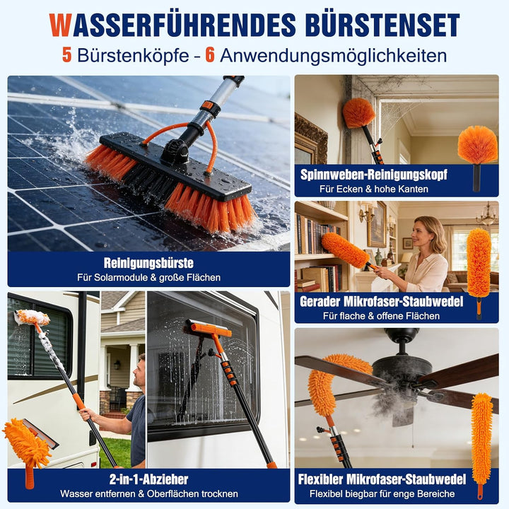 5,5 m Teleskop Waschbürste mit Wasseranschluss, Teleskopstange Reinigungsset mit 180° Bürstenkopf &amp;