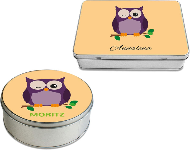 stempel-fabrik Geschenkdose Rund mit Aufdruck - Eule - Personalisiertes Geschenk - Keksdose mit Tier