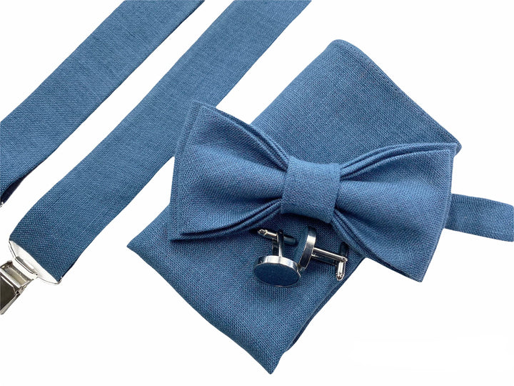 Leinen Accessoires: Fliege, Hosenträger, Einstecktuch, Manschettenknöpfe für Herren, Voll Einstellba