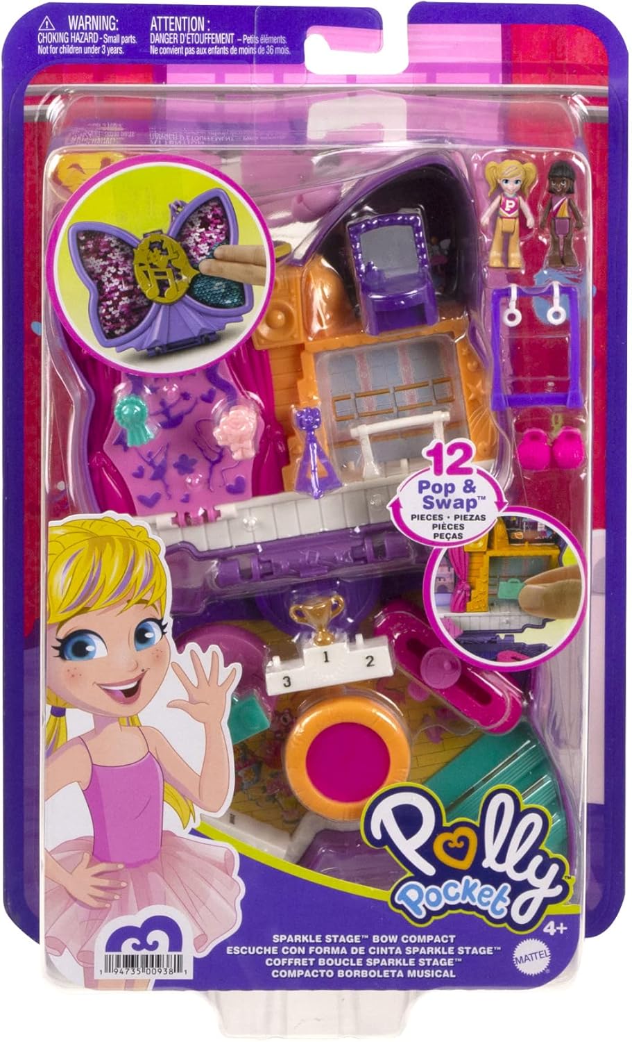 Polly Pocket HCG17 - Glitzerbühne, Tanzthema mit Micro Polly & Freundespuppen, 5 Überraschungen & 12