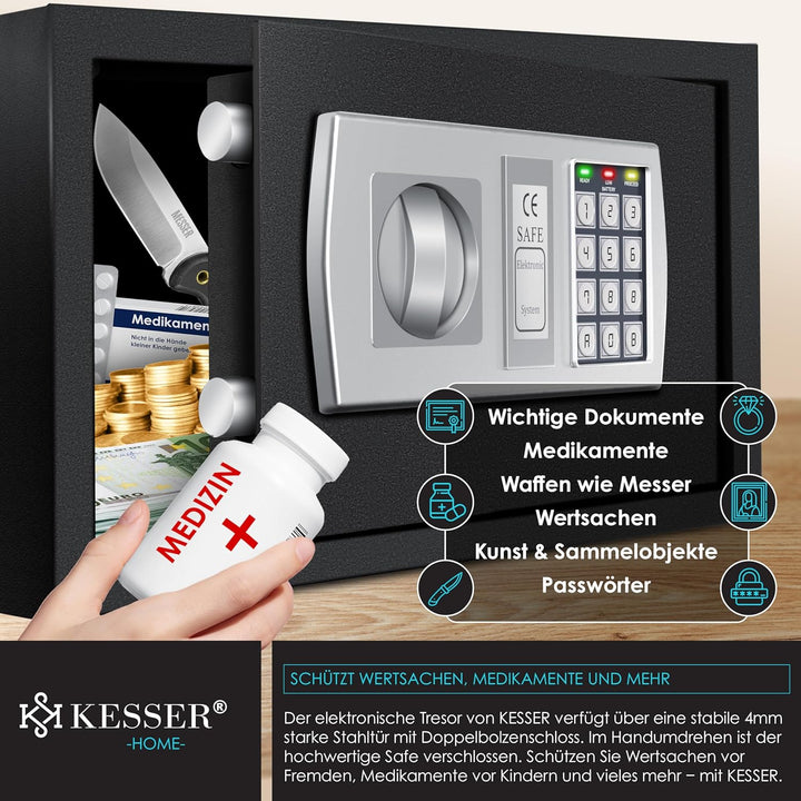KESSER® Elektr. Tresor | 31x20x20cm | LED-Anzeige | Elektronischer Safe | Doppelbolzenverriegelung |