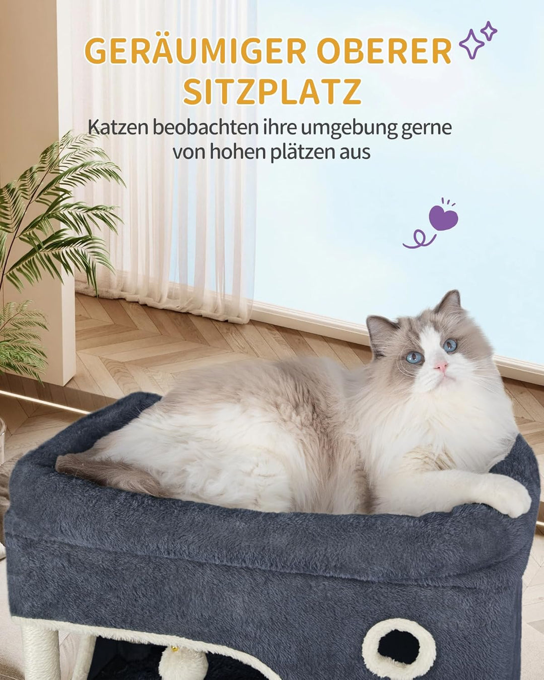 Hzuaneri Kratzbaum, 178 cm Katzenbaum mit grosser Plattform, 2 Höhlen, 7 Kratzsäulen, Pompons, Liege