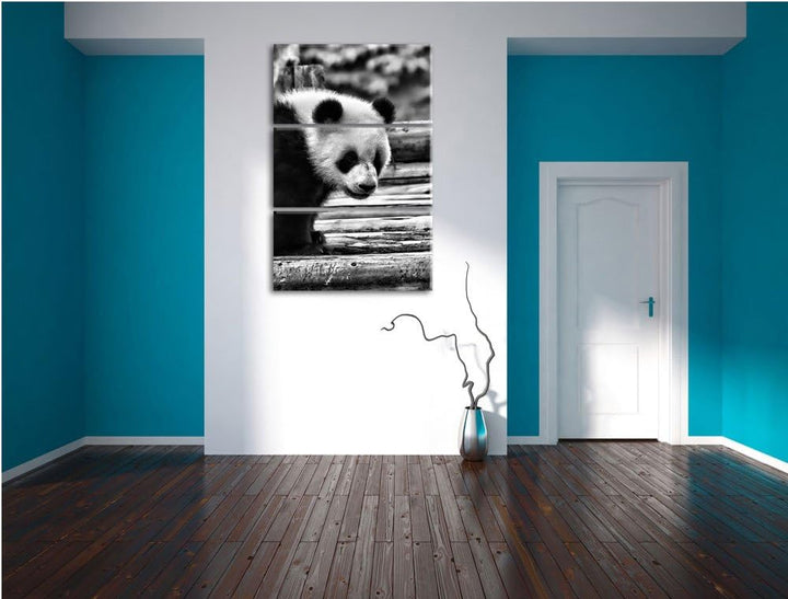 Pixxprint Panda auf Holzstämmen als Leinwandbild/Grösse: 3 Teilig (120x80) cm/Wandbild/Kunstdruck/fe