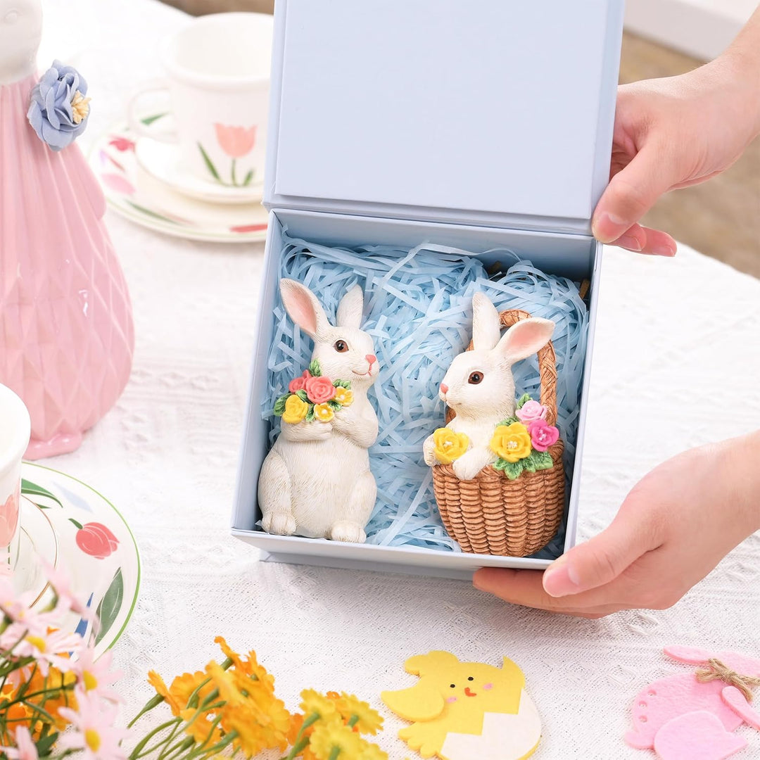 VALERY MADELYN 2 Stück Osterhasen für Osterdeko draussen,Dekohase Harz mit Osterkörbchen Blumen für