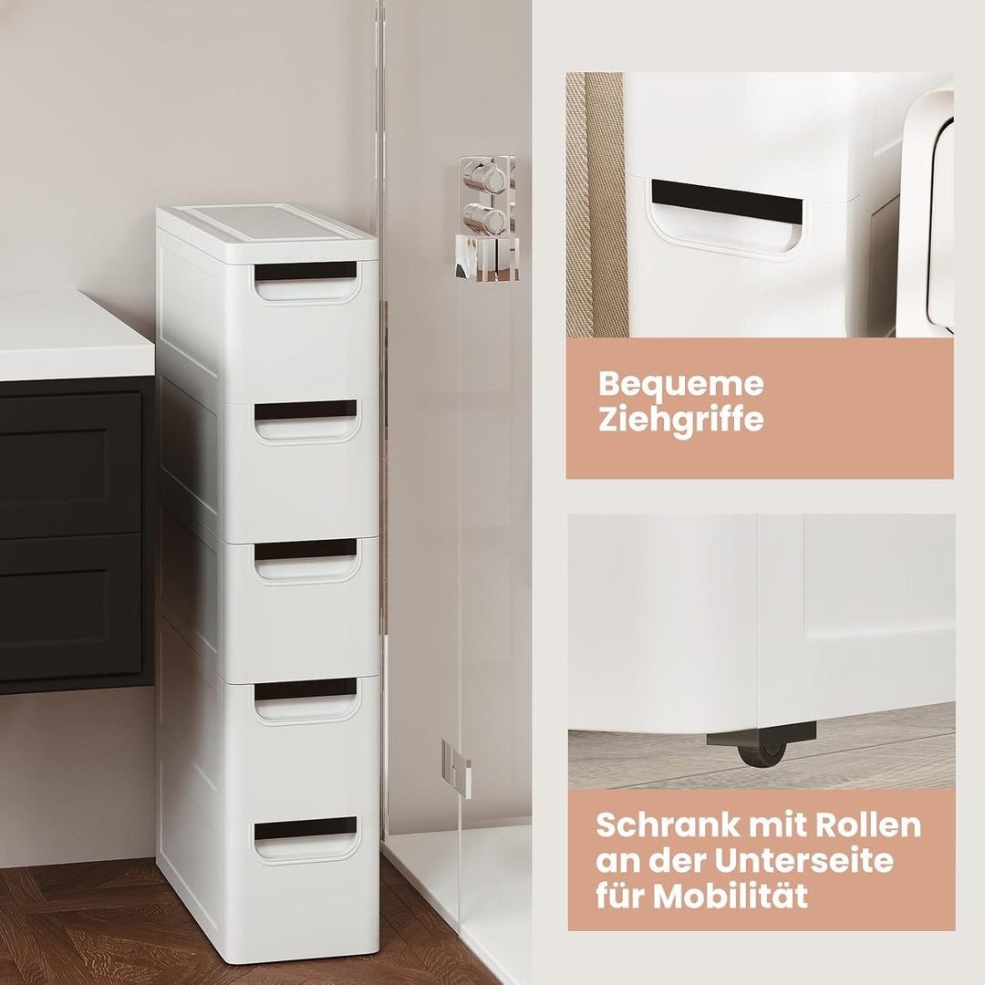 Schmaler Badezimmerschrank auf Rollen, Schmaler Badezimmerschrank mit 3/4/5 Schubladen, Mobiler Schu