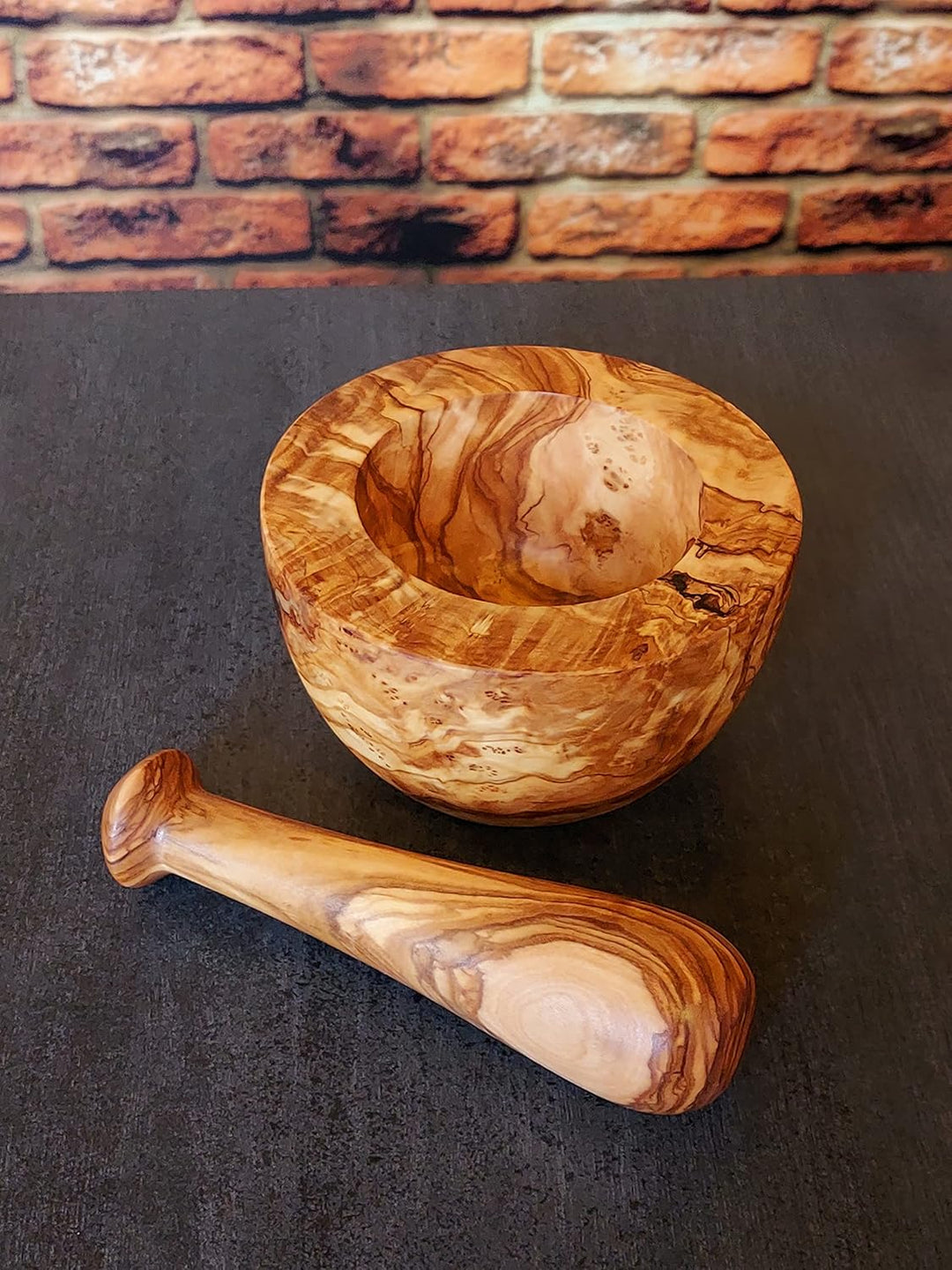 Handmade Olivenholz Mörser mit Stössel Ø 14 cm, Holzmörser, Gewürzmühle, Gewürz Mörser, handgefertig