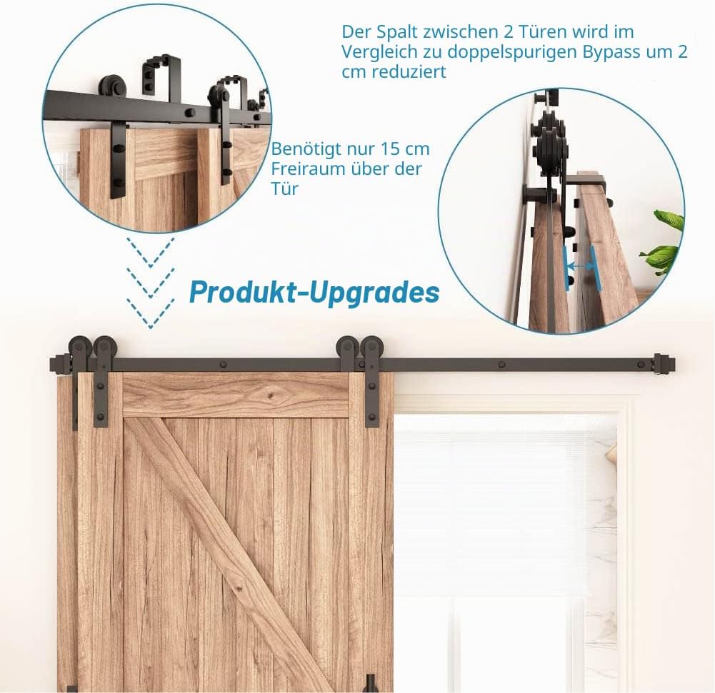 WINSOON 200CM/6.6FT Schiebetür Komplettset Bypass Doppeltür Schiebetürschiene Schiebetür, Schwarz Sc