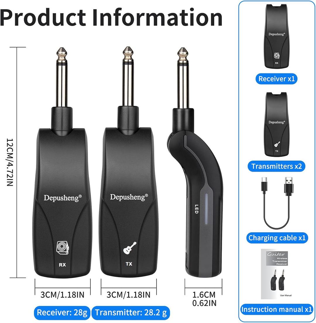 Depusheng GT1 2,4 GHz Drahtloses Gitarrensystem, Stummschalt-Stecker, Empfanger + 2 Sender, 10h Akku