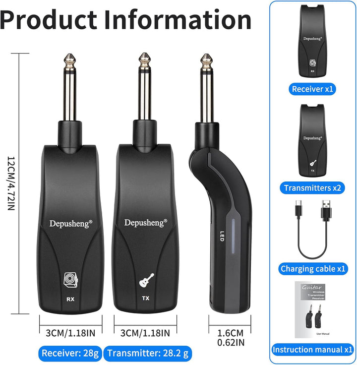Depusheng GT1 2,4 GHz Drahtloses Gitarrensystem, Stummschalt-Stecker, Empfanger + 2 Sender, 10h Akku
