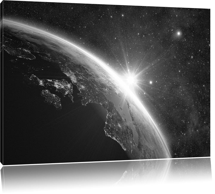 Pixxprint Die Sonne und Erde im Weltall Kunst B&W als Leinwandbild/Grösse: 100x70 / Wandbild/Kunstdr