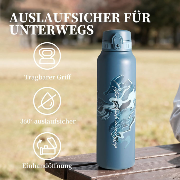 UZSPACE Edelstahl Trinkflasche 1l (970ml), Isolierte Thermosflasche mit 1-Klick-Öffnung, 100% Auslau