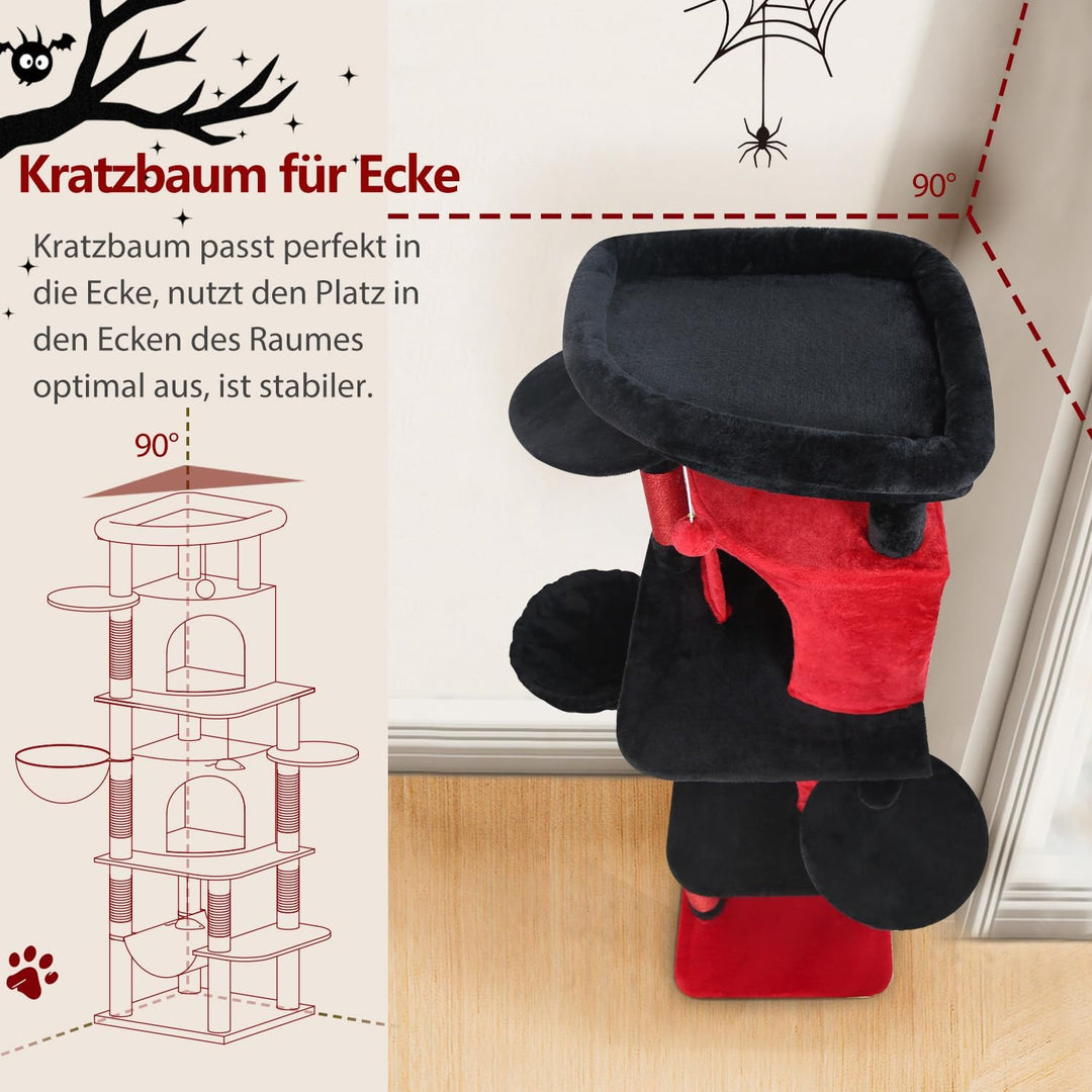 Globlazer Kratzbaum Gotisch Schwarz Rot, Eckkratzbaum Stabil hoch 167 cm mit 2 Sektor Katzenhaus, Ge