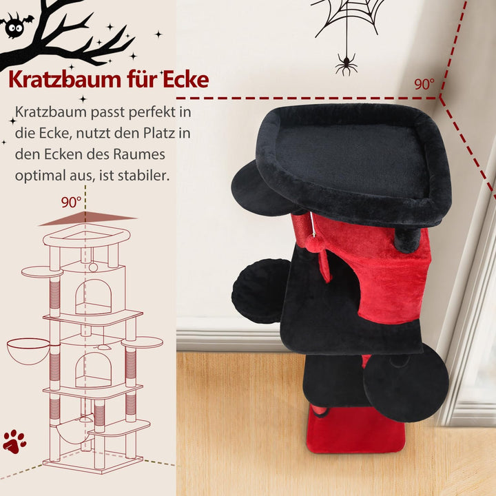 Globlazer Kratzbaum Gotisch Schwarz Rot, Eckkratzbaum Stabil hoch 167 cm mit 2 Sektor Katzenhaus, Ge