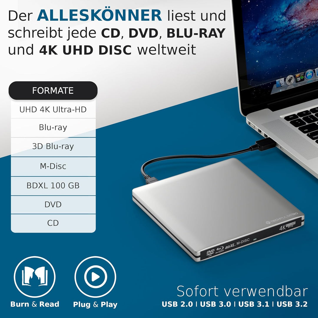 techPulse120 Externes UltraHD UHD 4k 3D M-DISC BDXL HDR10 100GB USB 3.0 &amp; USB-C Laufwerk Bluray Bren