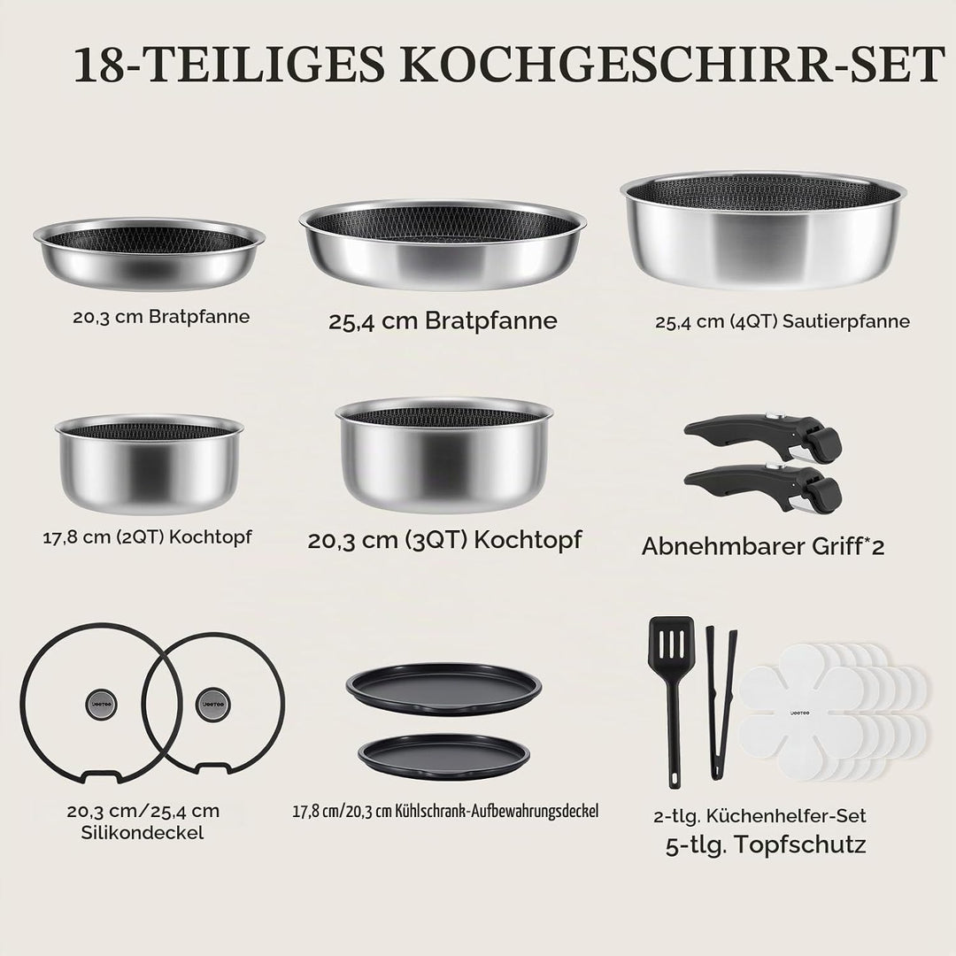 JEETEE Tri-Ply Edelstahl Topfset 18 Pcs, Kochtopf Set Antihaft mit abnehmbarem Griff, Hybrid Töpfe S