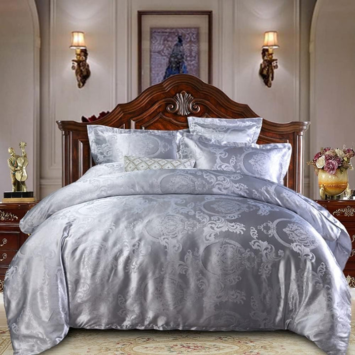 DXHOME Bettwäsche Satin 155x220 cm Silver Grau Hellgrau Wendebettwäsche Jacquard Bettwaesche mit Gol