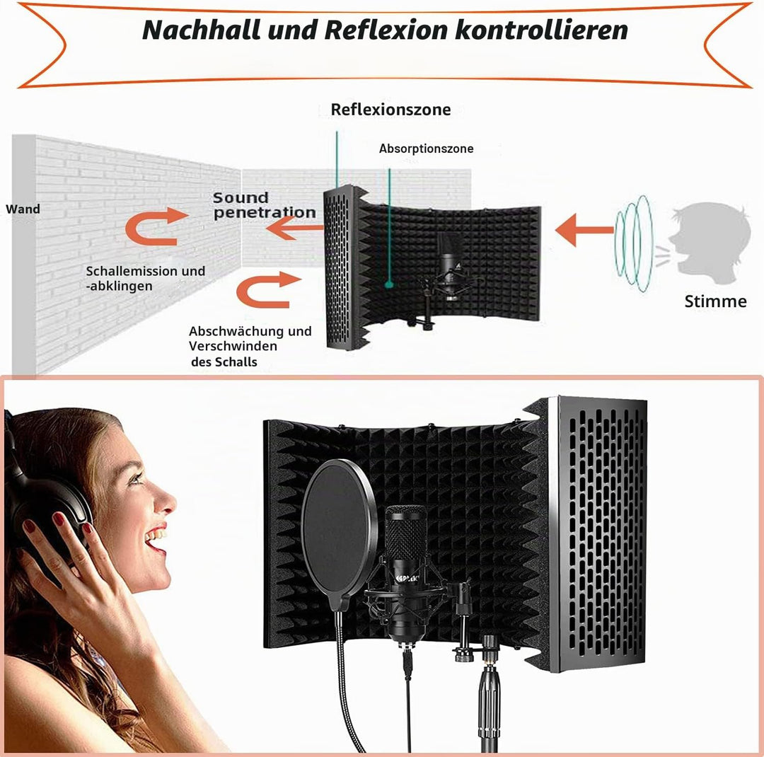 Mikrofon Isolation Schallschutz mit Stativ, 5 Seiten Faltbar Absorbierender Schaumschicht Micscreen