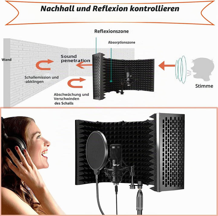 Mikrofon Isolation Schallschutz mit Stativ, 5 Seiten Faltbar Absorbierender Schaumschicht Micscreen